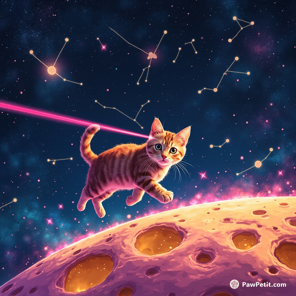 A neon-furred cat chasing laser-pointer constellations across an interstellar cheese-moon’s surface.
