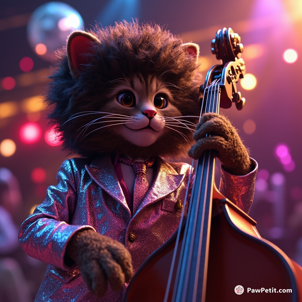 An afro-haired cat playing double bass in a 70s disco club, disco ball reflections sparkling off its ultra-glossy coat.