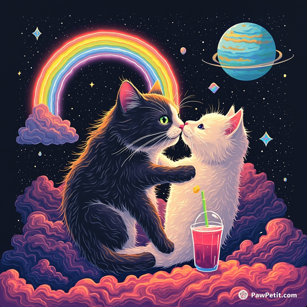 Giant psychedelic cat kissing a neon rainbow on Jupiter while sipping cosmic bubble tea.