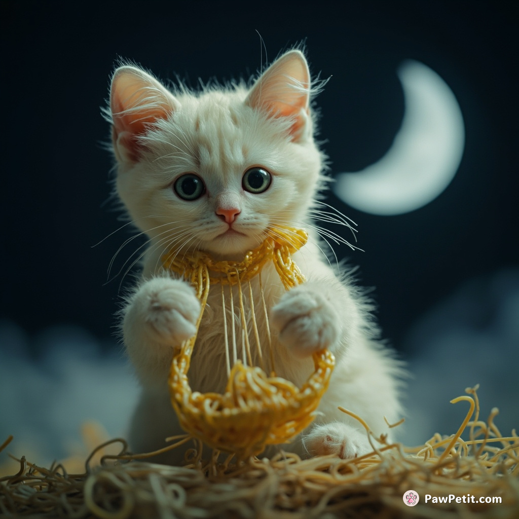 A tiny translucent cat playing a harp made of uncooked spaghetti under a waxing gibbous moon.