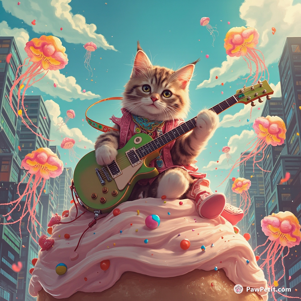 A punk-rock cat playing an electric guitar on top of a giant cream puff, surrounded by rainbow jellyfish in the bustling city skyline.