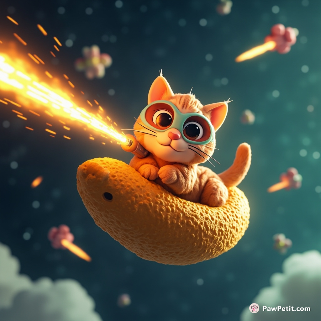 A ginger cat floating on a cheeze doodle in zero gravity, blasting alien spaceships with lasers from its spotlight eyes.