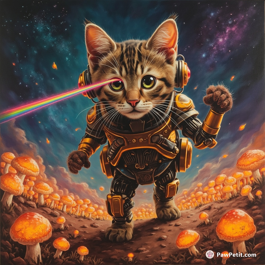 Cyborg cat on Mars tiptoeing through a field of glowing mushrooms with rainbow lasers shooting from its eyes.
