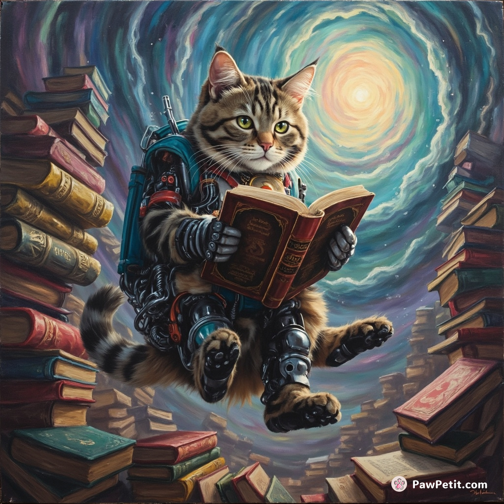 A cybernetic cat reading a book about quantum physics, levitating over a library of enchanted books swirling like a tornado under pastel auroras.