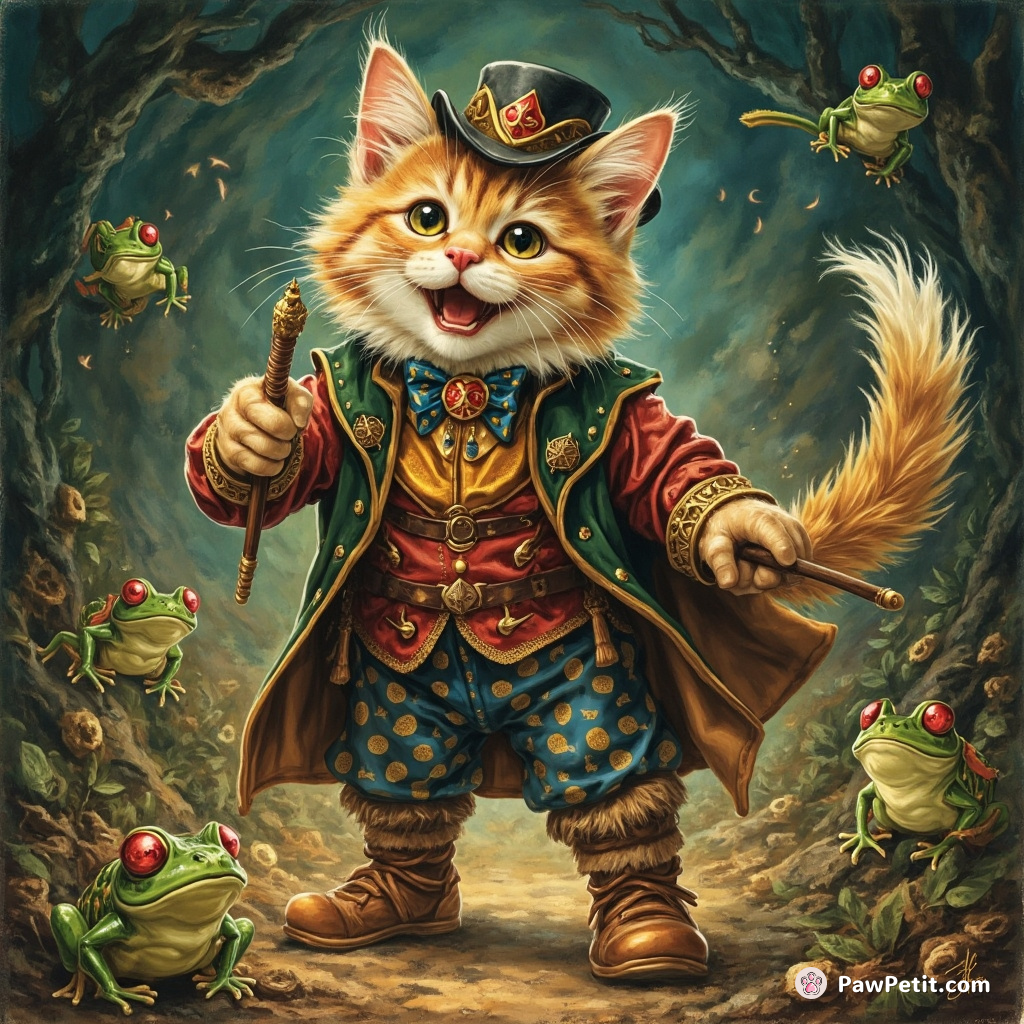 Cat in Boots," a dandy cat swishing tail, dubiously persuades, bagging paisley frogs for king; uncovers jewelled hedgehog plot.