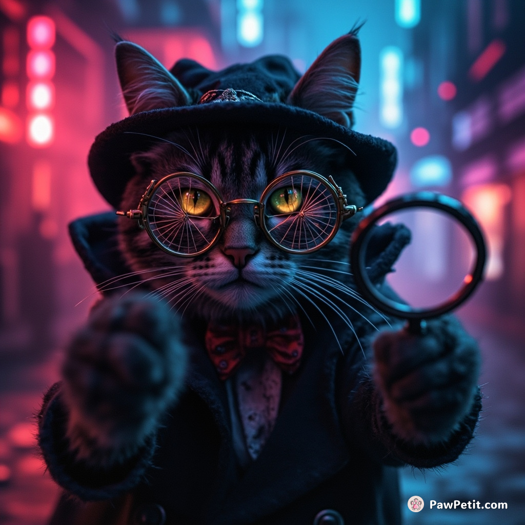 Victorian-era detective cat observing a crime scene through a tiny magnifying glass while wearing penny farthing bicycle-wheel spectacles.