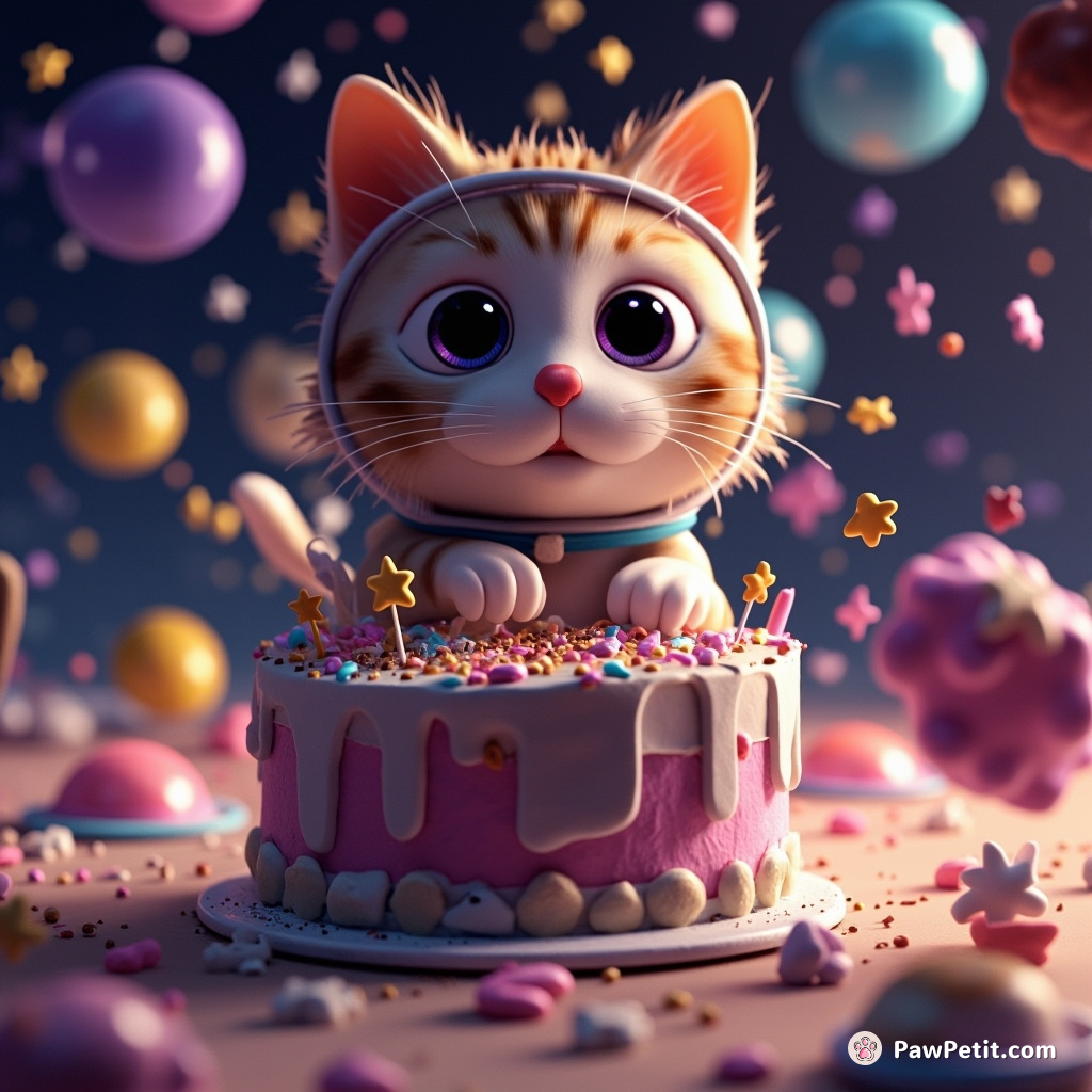 A cat baking a galaxy-themed cake in zero gravity, surrounded by floating ingredients and star-shaped sprinkles.