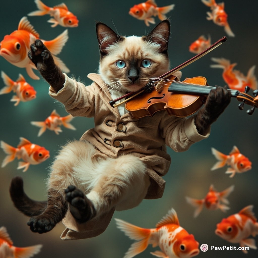 A siamese cat in Victorian-era clothes in a zero-gravity space scene playing the violin alongside floating goldfish.