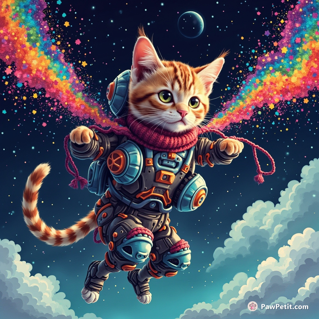 A cyborg cat skydiving while knitting a multicolored scarf out of stardust.