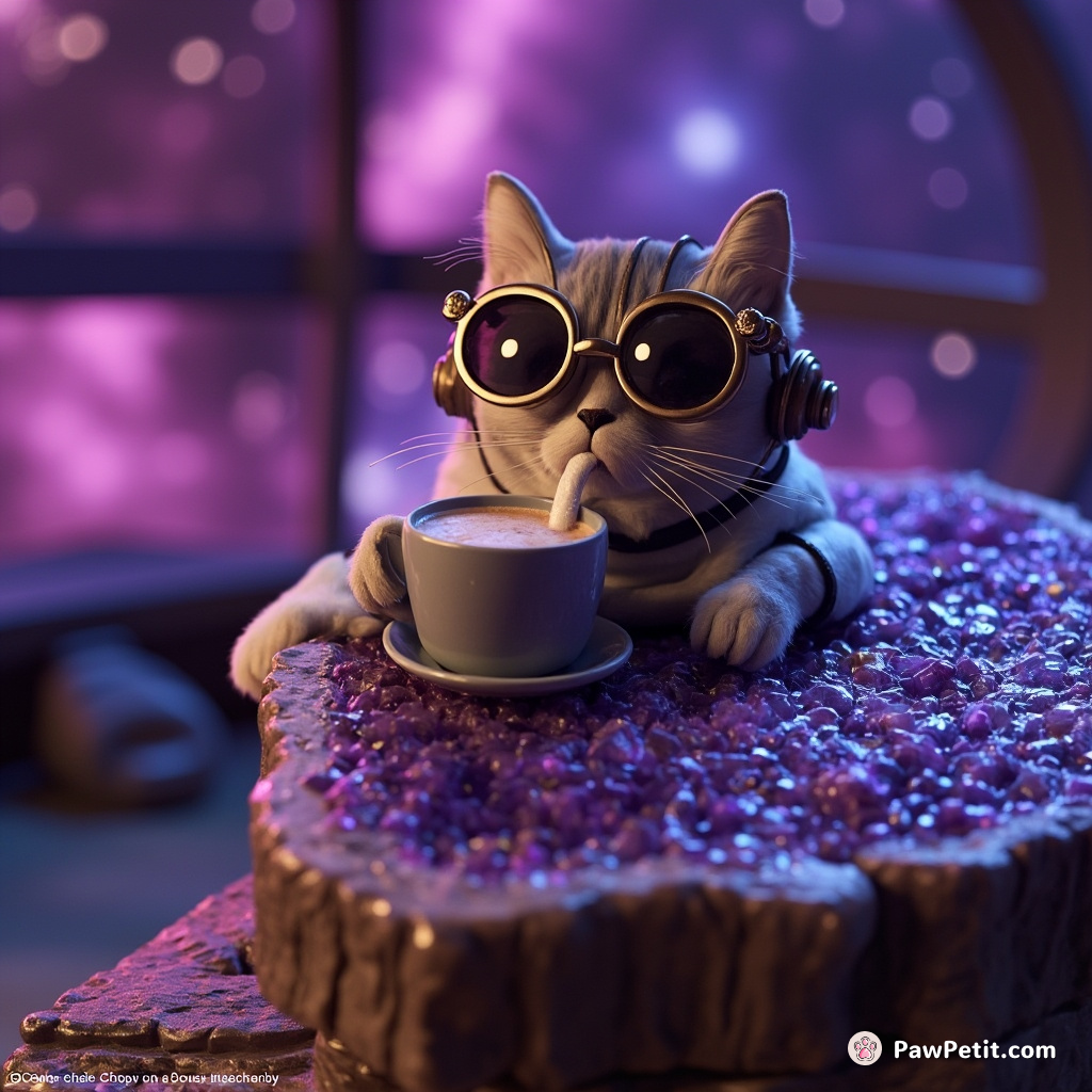 Steampunk cat sipping a nebula-hued cappuccino on an amethyst geode piano in a galaxy observatory.