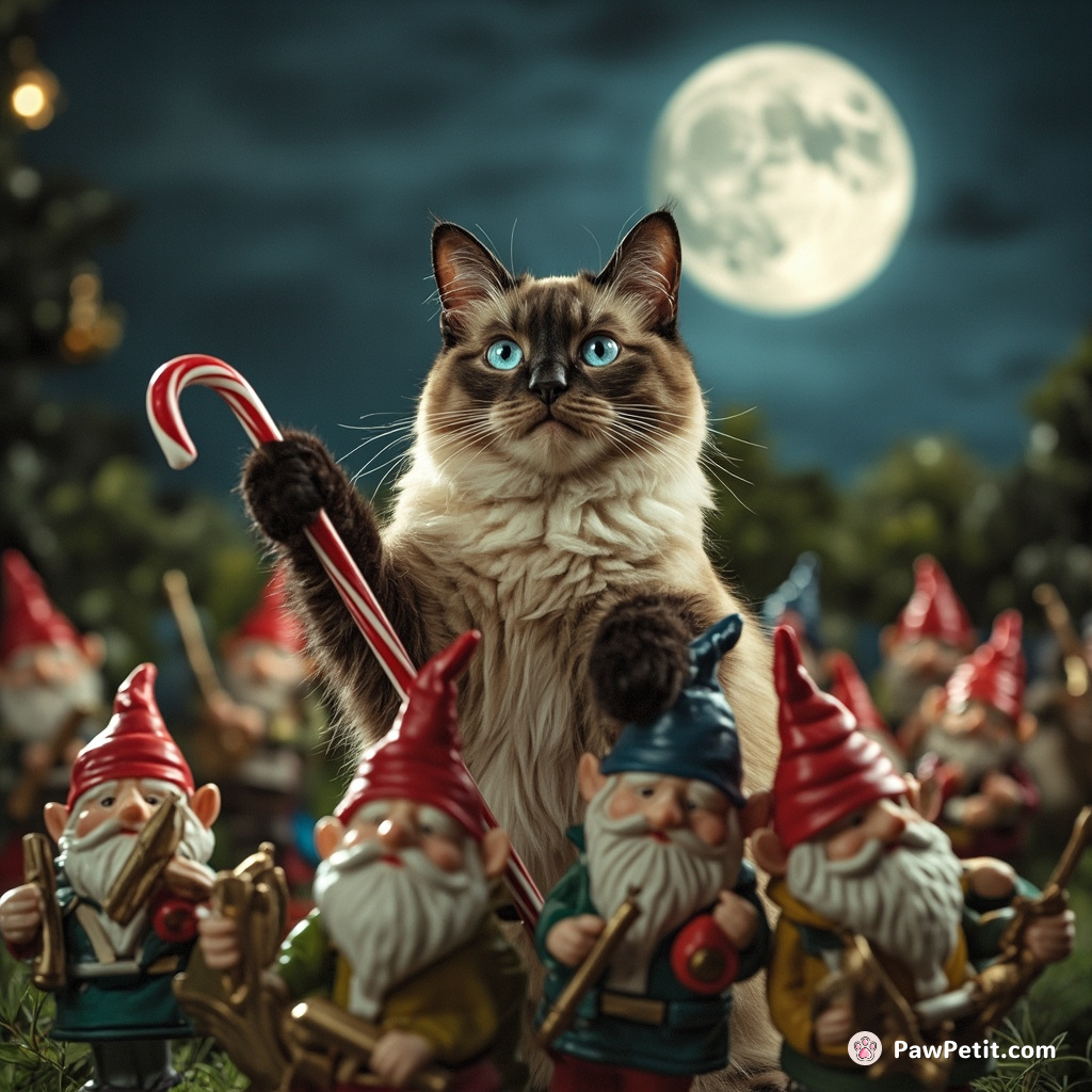 A cat flamboyantly conducting a symphony of garden gnomes in the light of a candy-cane moon.