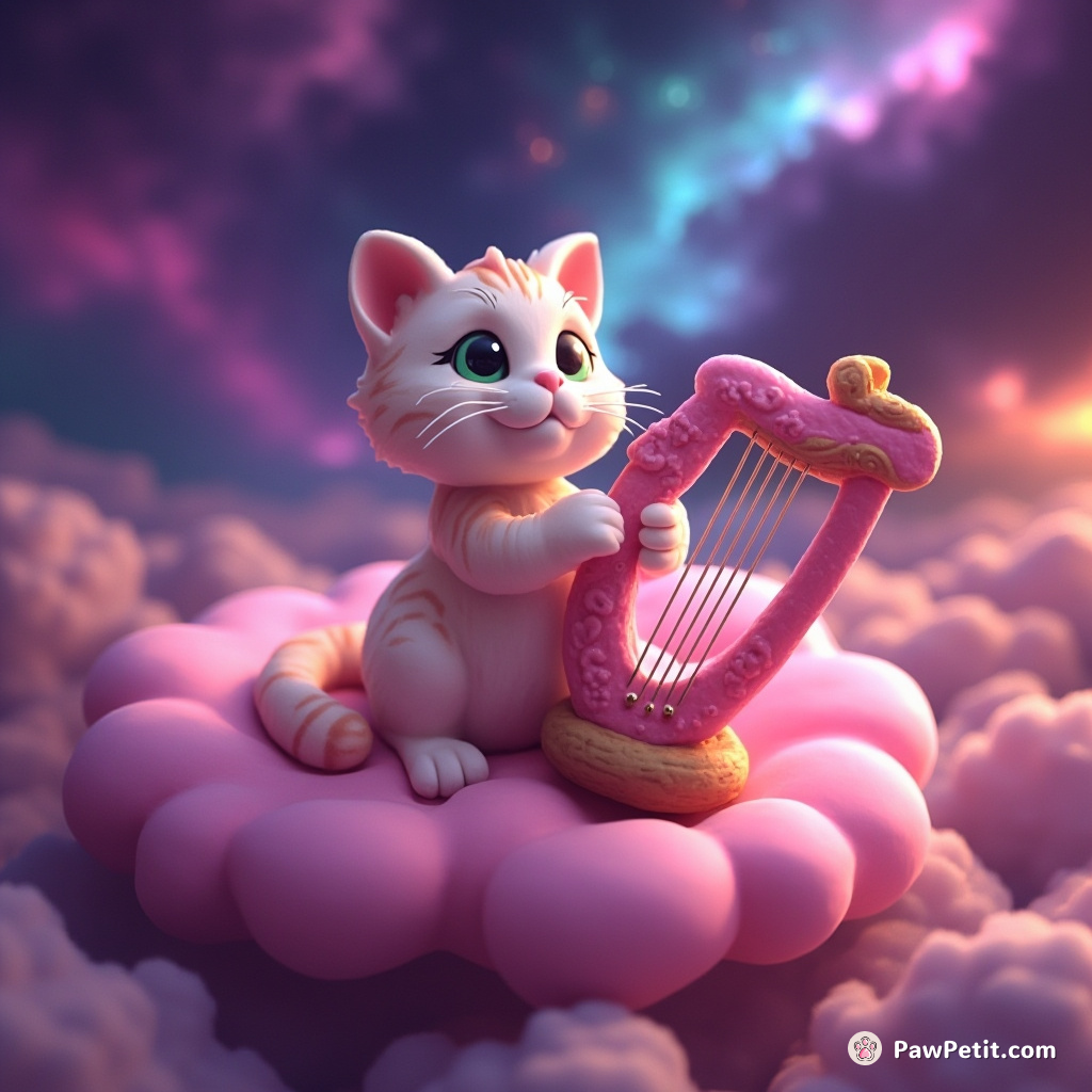 A three-eyed cat delicately playing celestial harp on a magenta cloud amidst a nebula storm.