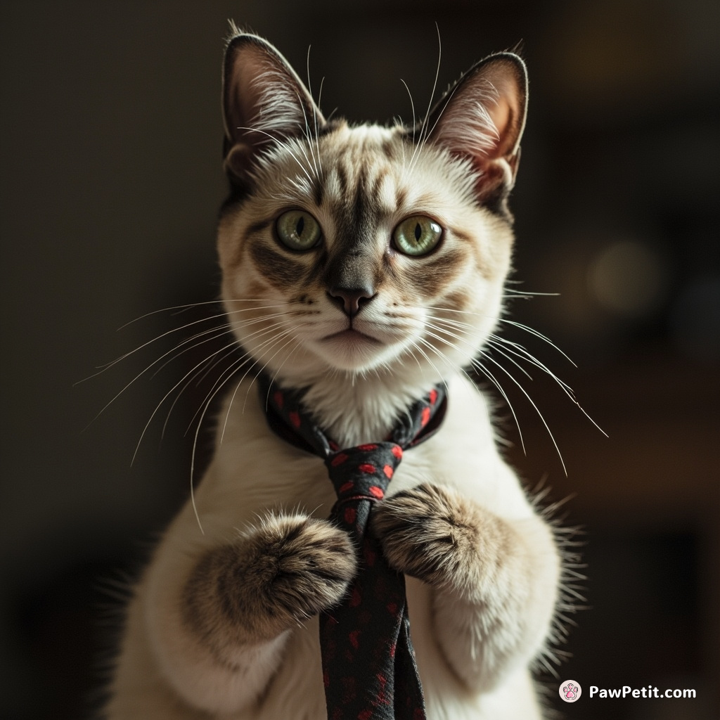 Whiskers, proclaiming his prowl-era over, tried tying human business tie. Lousy laces betrayed discreet disdain for hands-only endeavors.