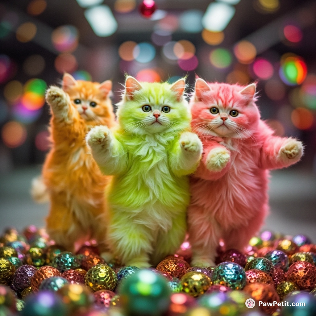 A clowder of neon cats breakdancing in zero-gravity with disco balls spinning around.