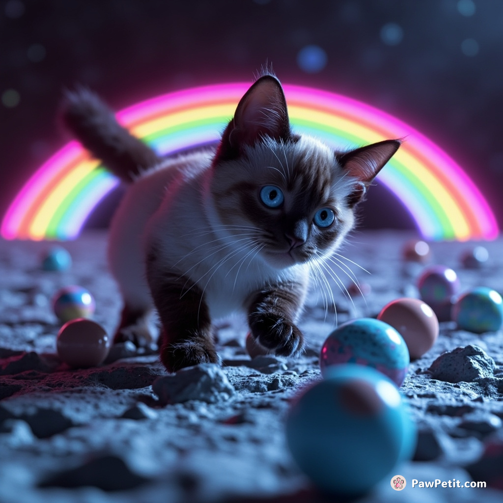 A Siamese cat bowling with miniature planets on the lunar surface under a neon rainbow.
