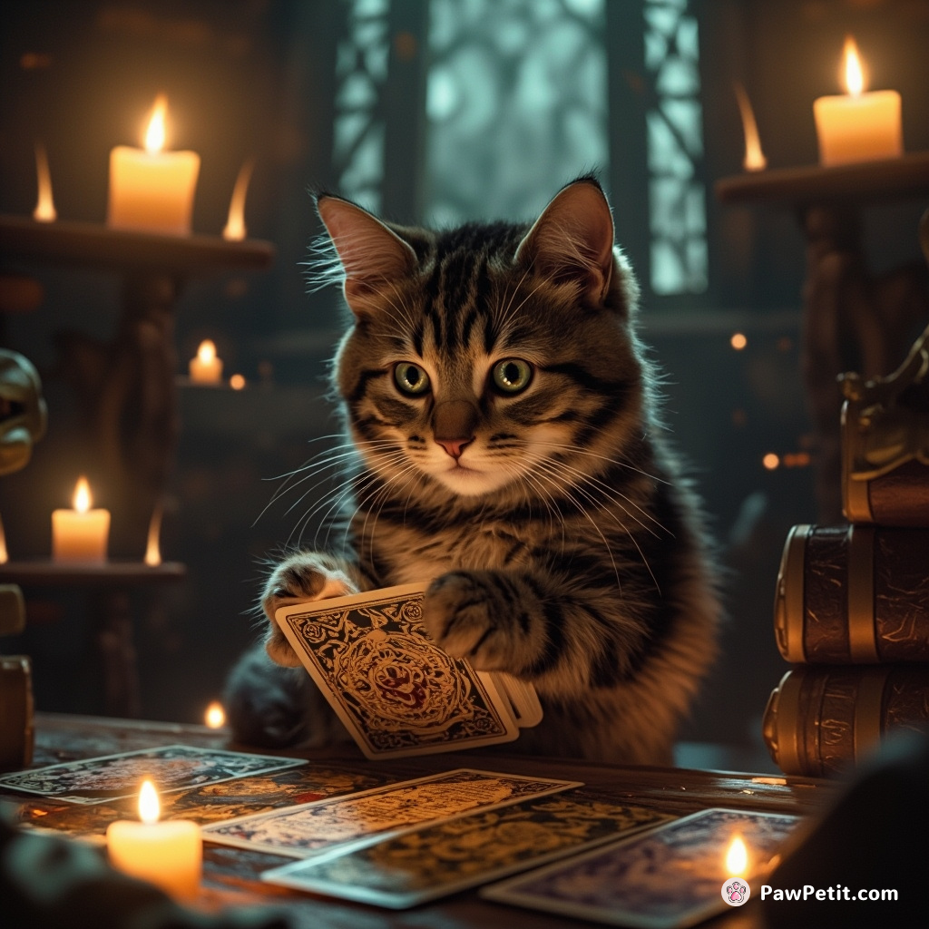A mystic cat shuffling an antique tarot deck in an ancient library, illuminated by floating candles.