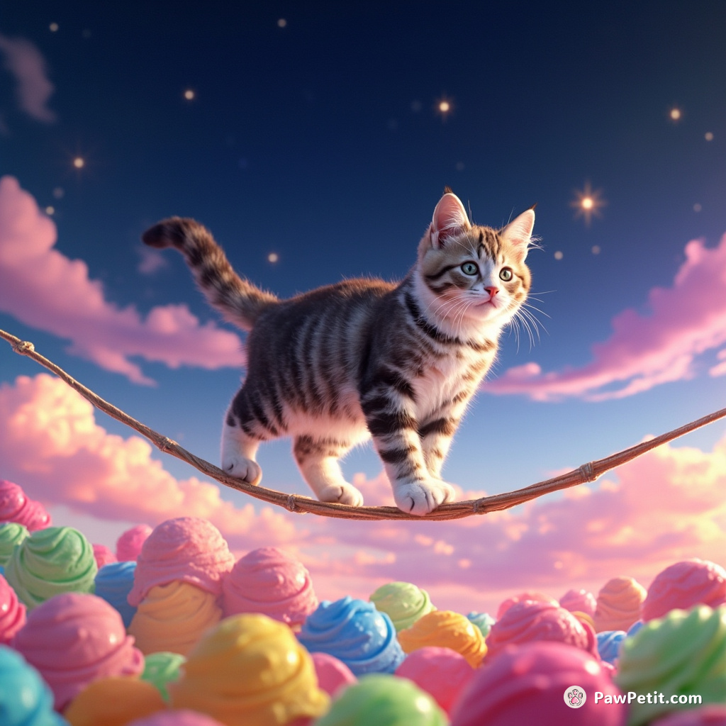Cat masterfully tightrope walking over an ocean of rainbow ice cream scoops against a starry candyfloss sky.