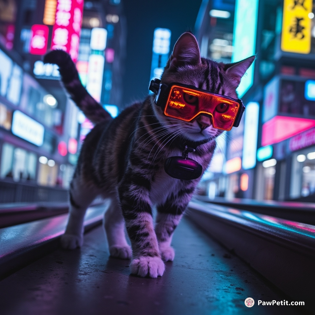 Executing acrobatic stealth, the cat activates her GPS collar, traversing the city's magnetic railways with graceful agility.