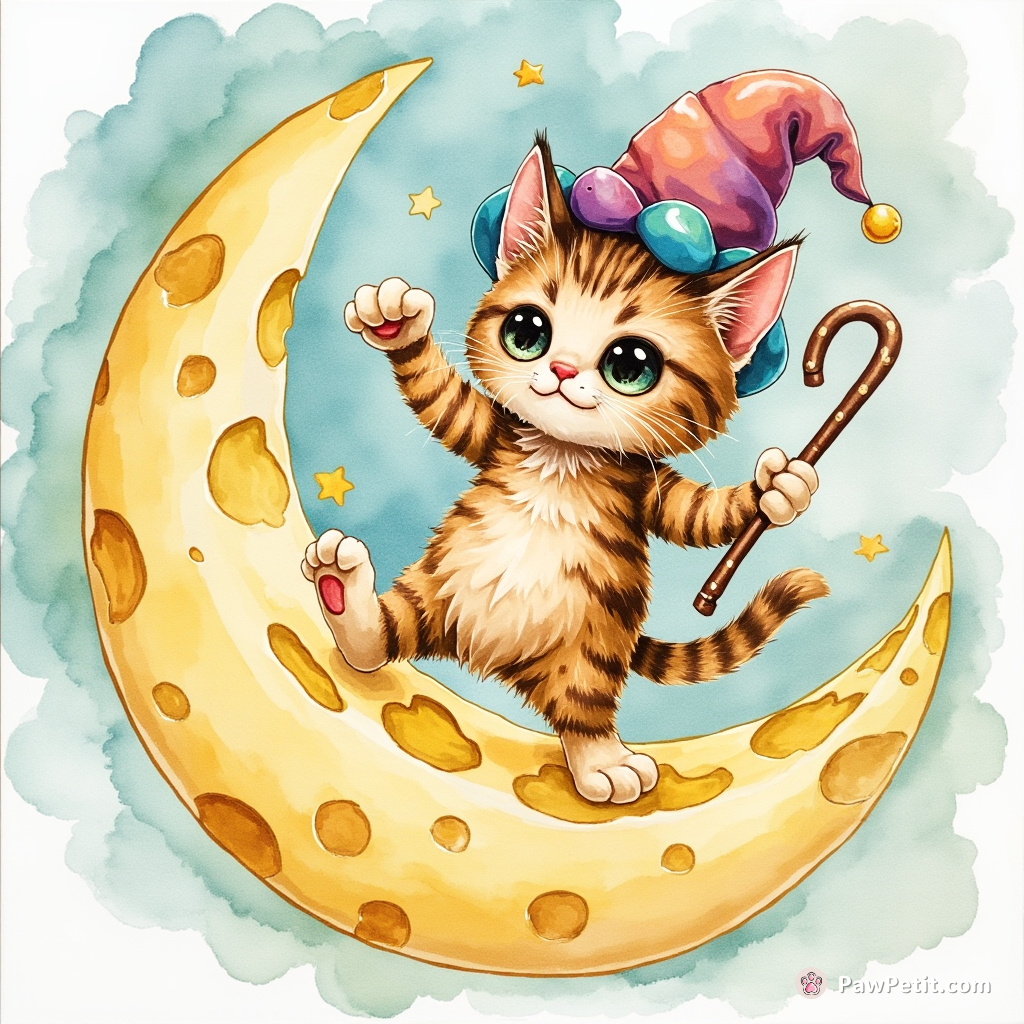 Three-eyed cat tap-dancing on a lively cheese moon with jesters hat and cosmic cane.