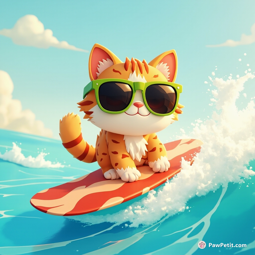Cat surfing a bacon wave in milk ocean, wearing avocado sunglasses.
