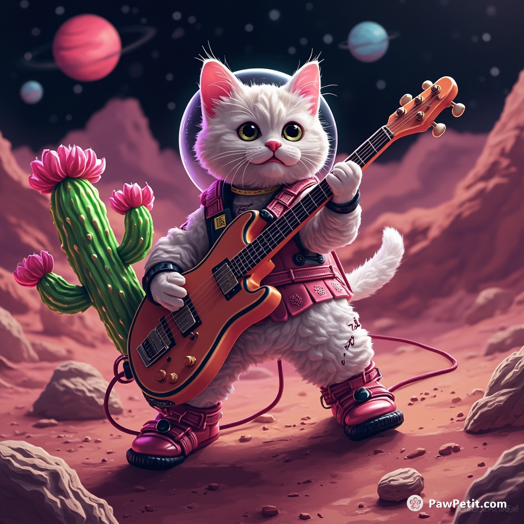 A cat performing a rock concert on Mars, using a neon cactus as a guitar.