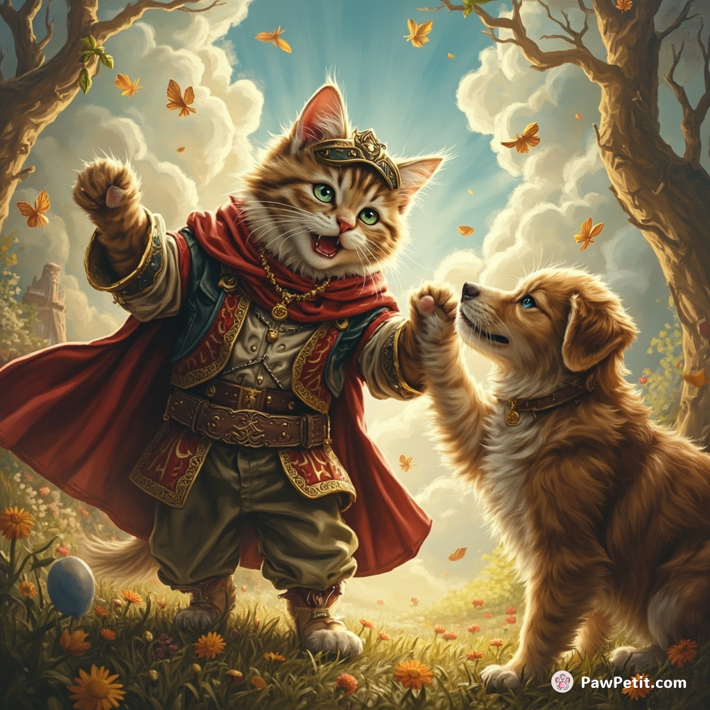 Fluffy the cat, disguised as a human, hilariously attempts to high-five a dog, only to purr instead.