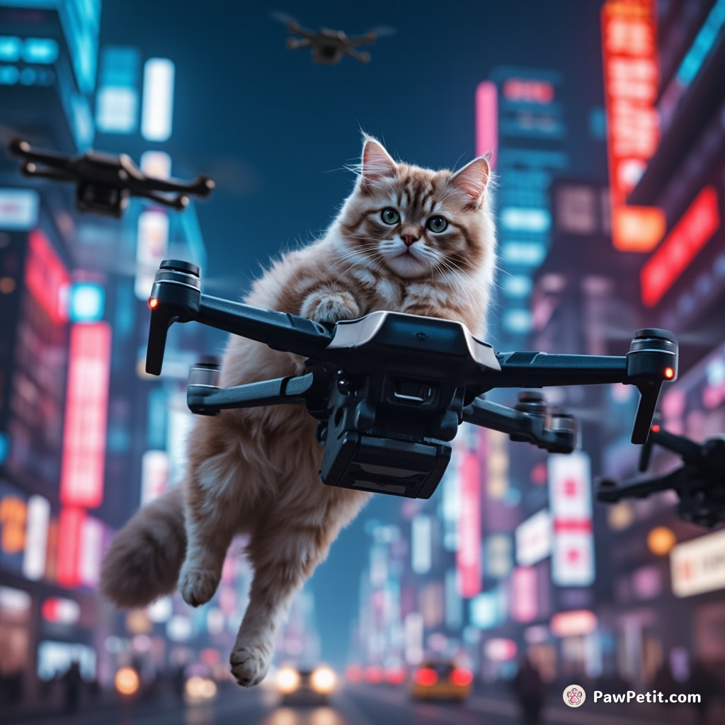 In a neon-lit skyline, a cat leaps between hovering drones, deftly hacking one to ride through the city.