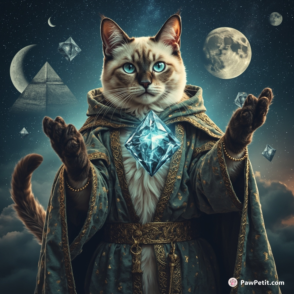 Cat-master of arcane sorcery, casting a cosmic spell encrusted in crystalline formations amidst floating crescent moons and celestial pyramids.