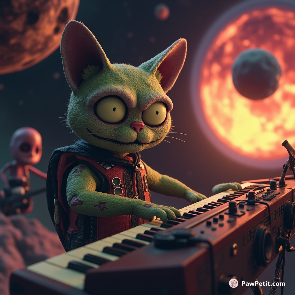 A zombie cat keyboardist leading an extraterrestrial jazz band on a floating asteroid in deep space.