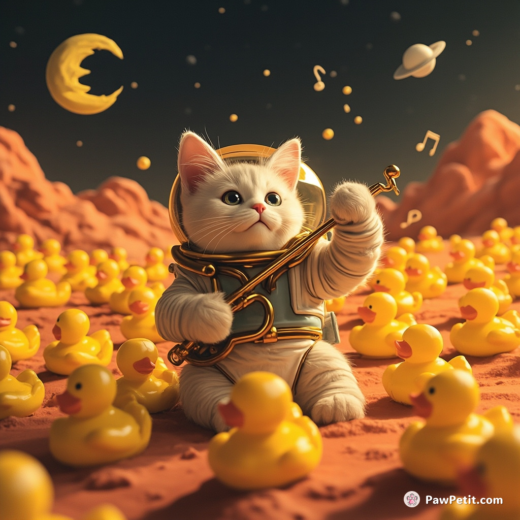 Cat conducting a symphony of rubber duckies on Mars.