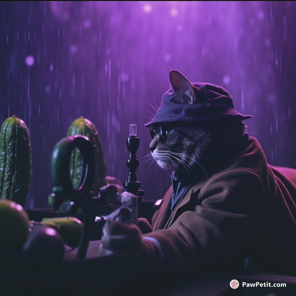 Sherlock Holmes styled detective cat interrogating a group of cucumbers under ethereal purple rainfall.