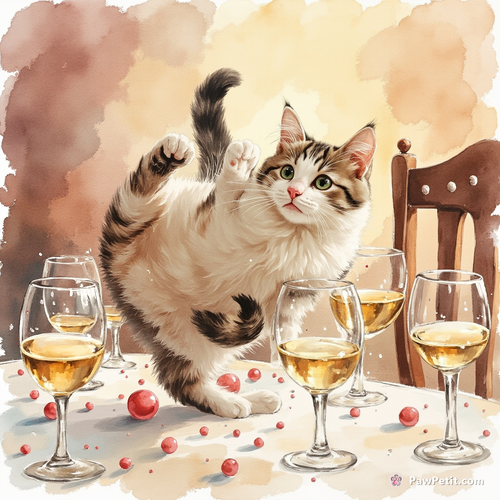 In its individual struggle, the cat somersaults frantically across the festive dinner table knocking wine glasses over.