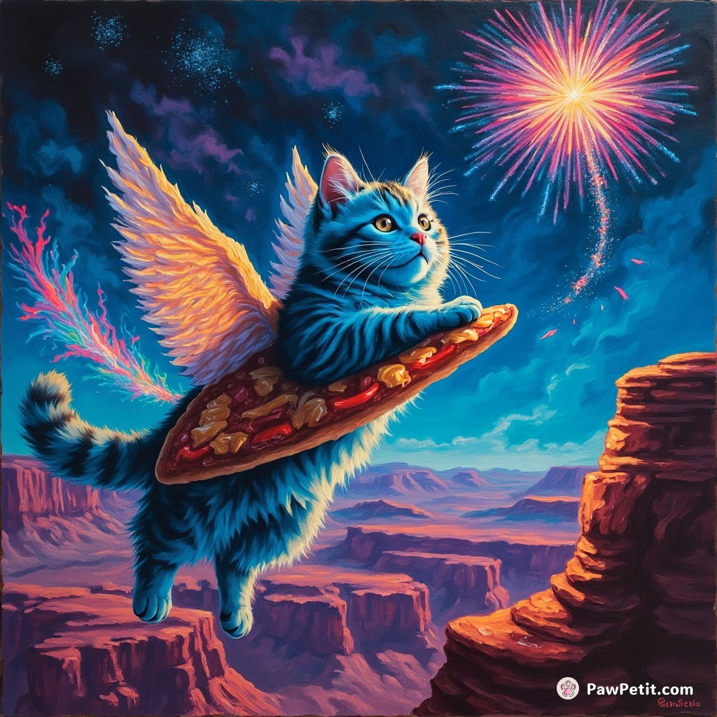 A neon-blue cat soaring over the Grand Canyon on a winged pizza slice, shooting unicorn-shaped fireworks from its tail.