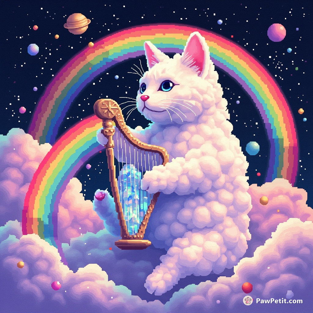 Giant cloud cat spewing rainbows, playing a crystalline harp amongst planets in an opalescent galaxy.