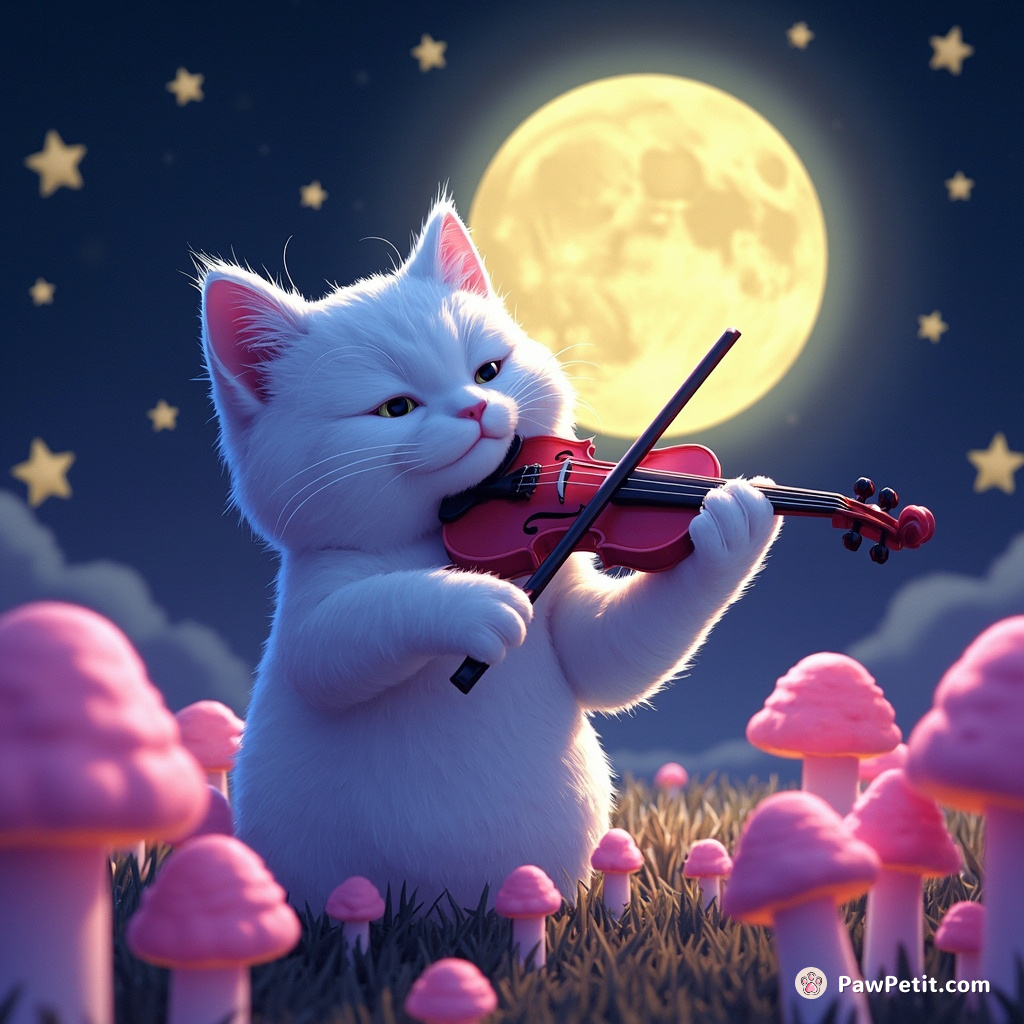 Cat serenading the moon with a neon violin in a field of bubblegum mushrooms.