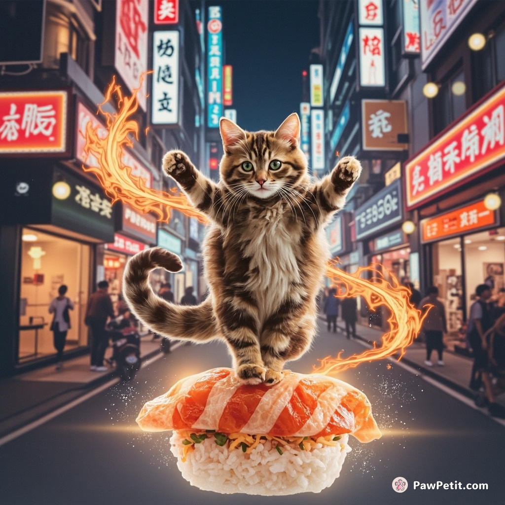 A cat performing a flamenco dance on top of a floating, holographic sushi roll in neon-lit Tokyo streets.