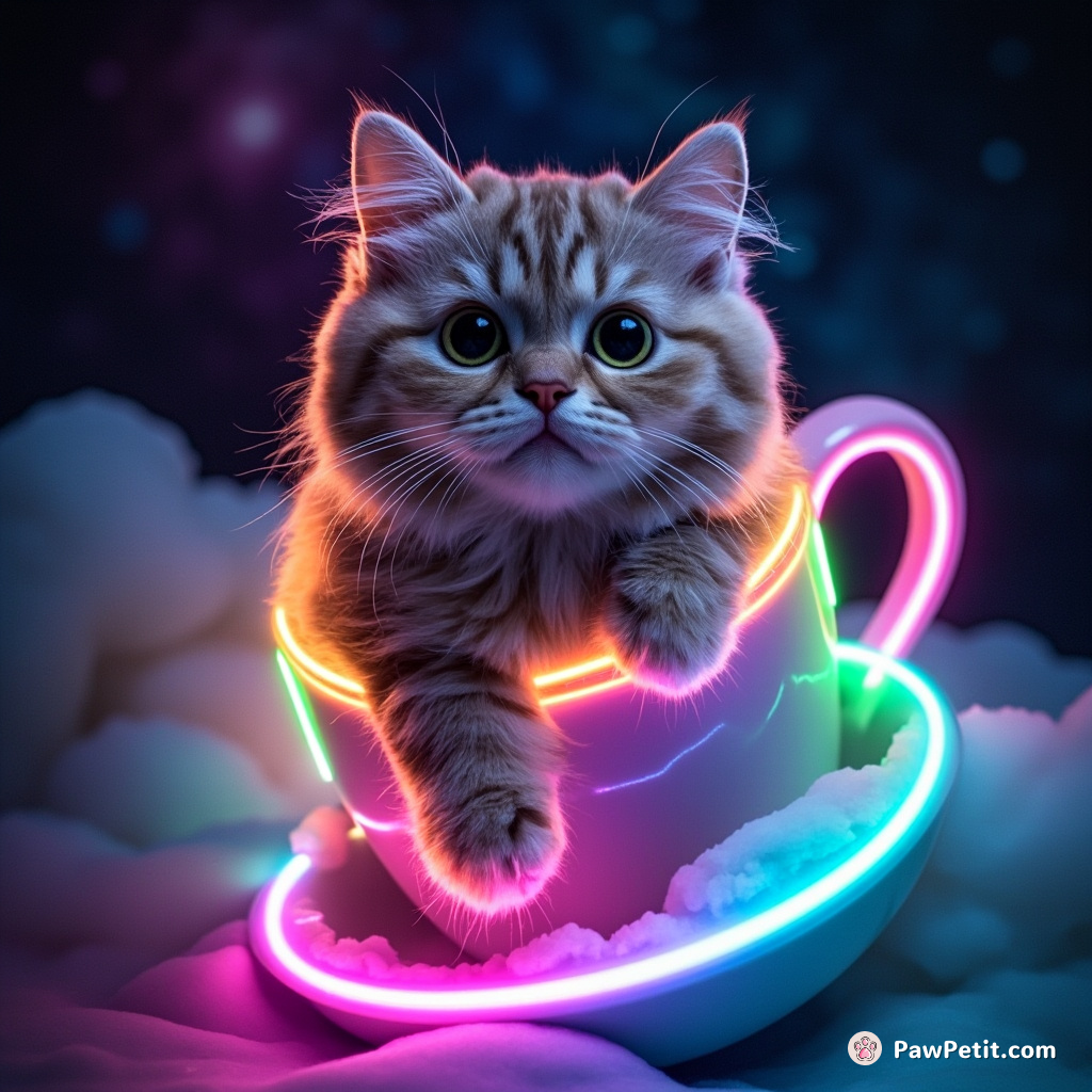 A neon cat surfing on a rainbow milk wave in a ceramic cup teapot cosmos.