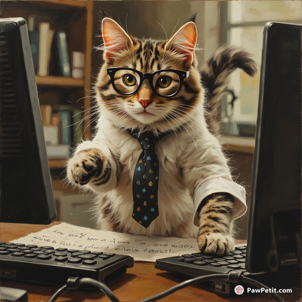 Cat dons glasses and tie, causes havoc dashing across keyboards at unsuspecting human's office with pounce-inspired typos.