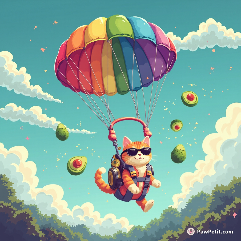 Cat skydiving with rainbow sushi as parachute while juggles sparkling avocados.