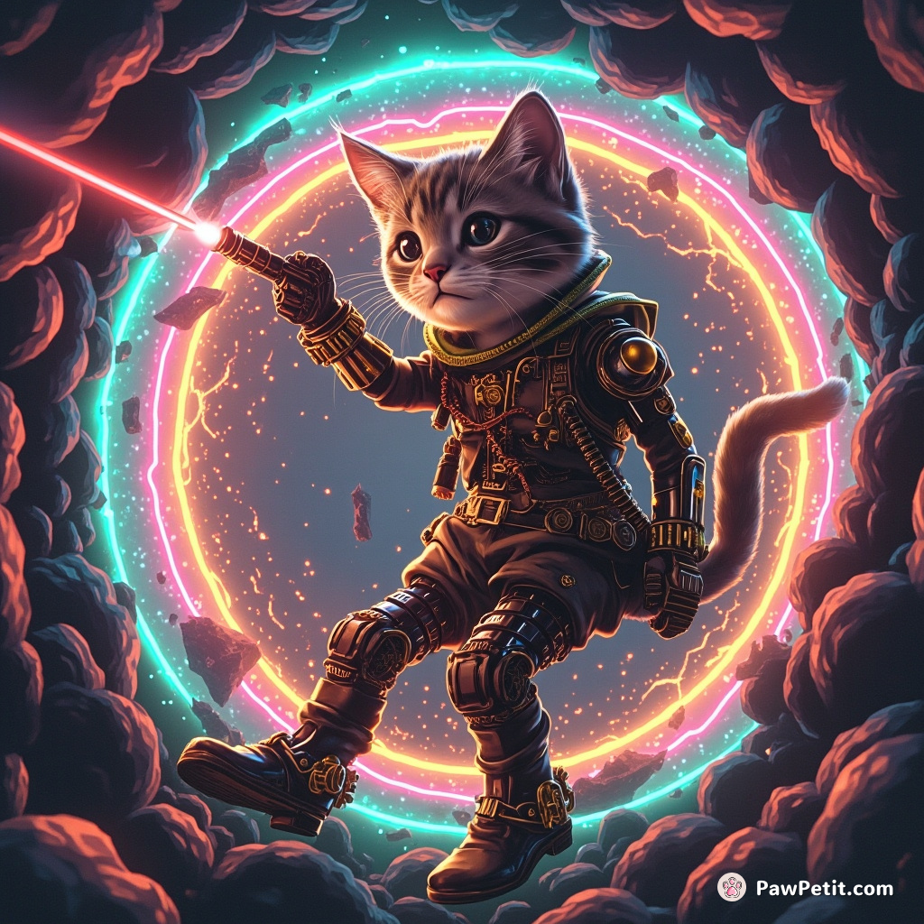A steam-punk cat with cybernetic limbs opening a multicolored interdimensional rift with her laser pointer.