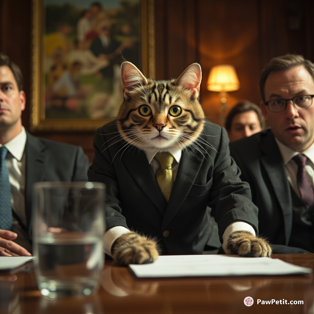Cat in business suit, clawing conference table "presentation", yeowls 'rework'; board members flabbergasted. Tail of corporate chaos uncloaked.