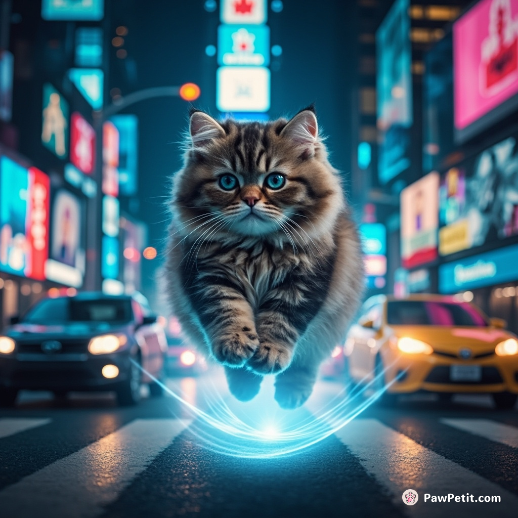 In a bustling neon city, a cat gracefully leaps between levitating cars, landing softly on a holographic billboard.