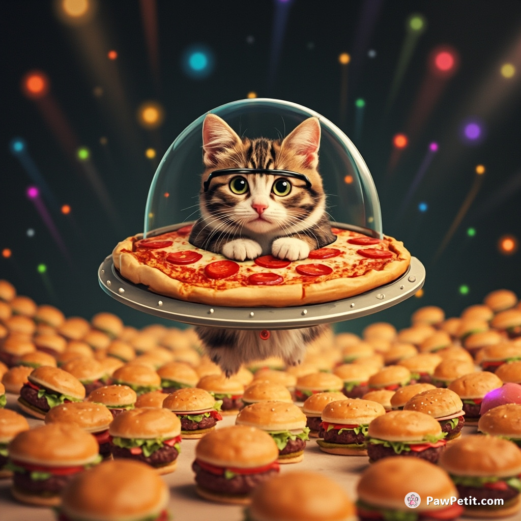 A cat flying a pizza UFO over a field of dancing cheeseburgers in dazzling disco lights.