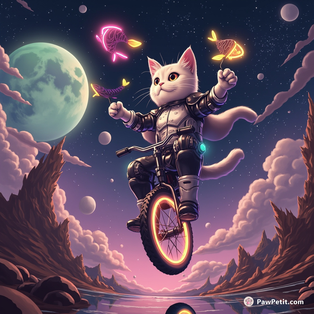 Cyborg cat juggling neon fish on a unicycle over a chocolate river in space.