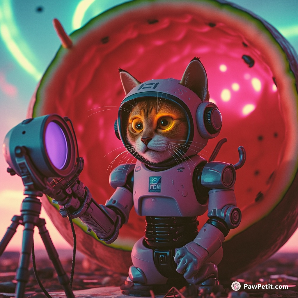 A manic robot cat broadcasting a live news report from inside a watermelon alien spaceship.