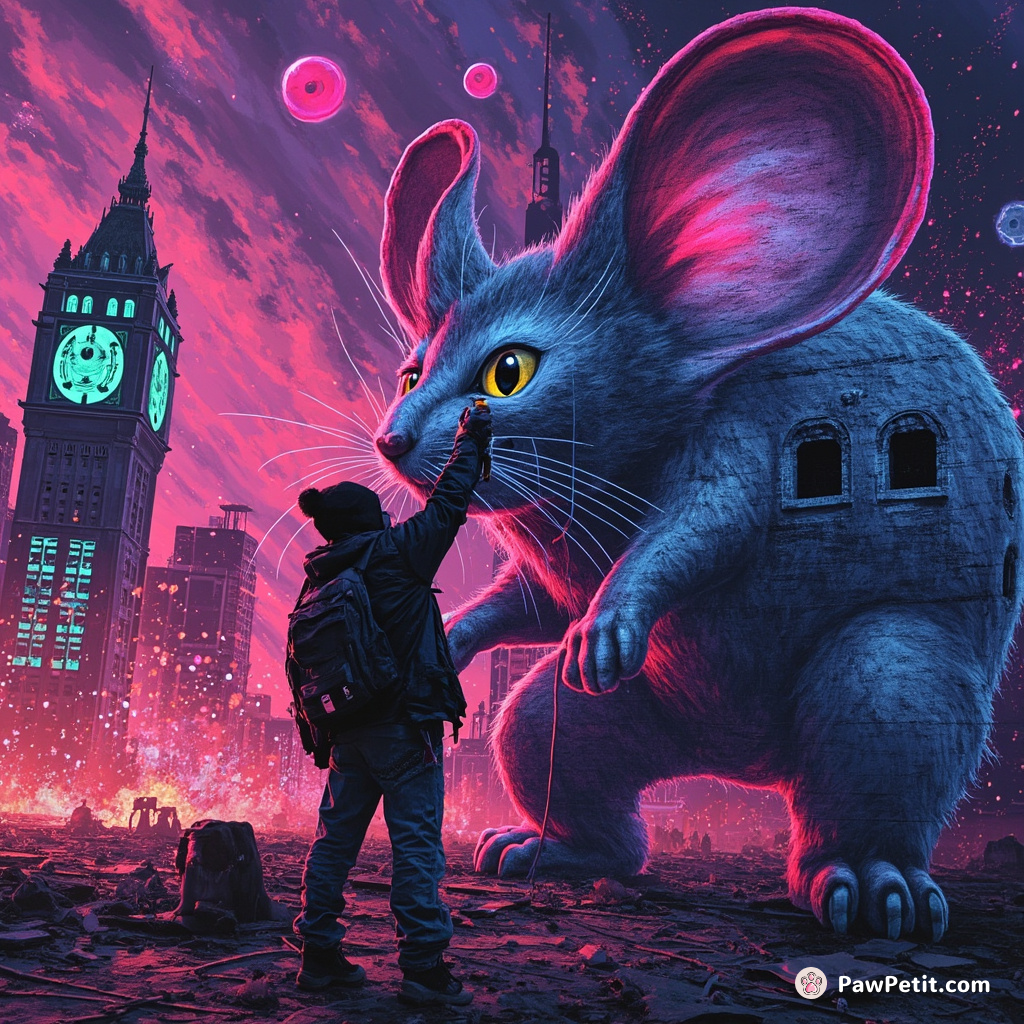 A size-conscious, Neon graffiti street artist cat spray-painting a huge mouse on parliament building in the middle of alien invasion.