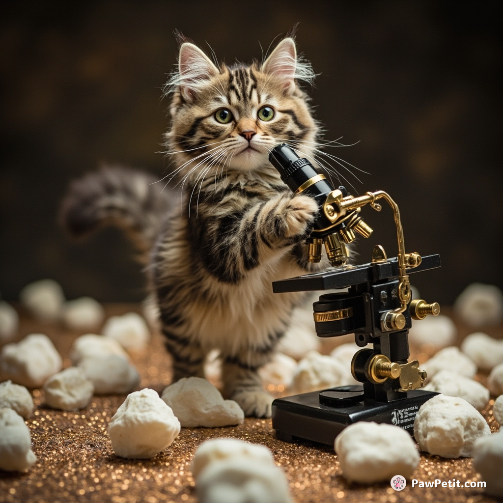 A cat moonwalking on glittery marshmallows while operating a steam punk microscope.