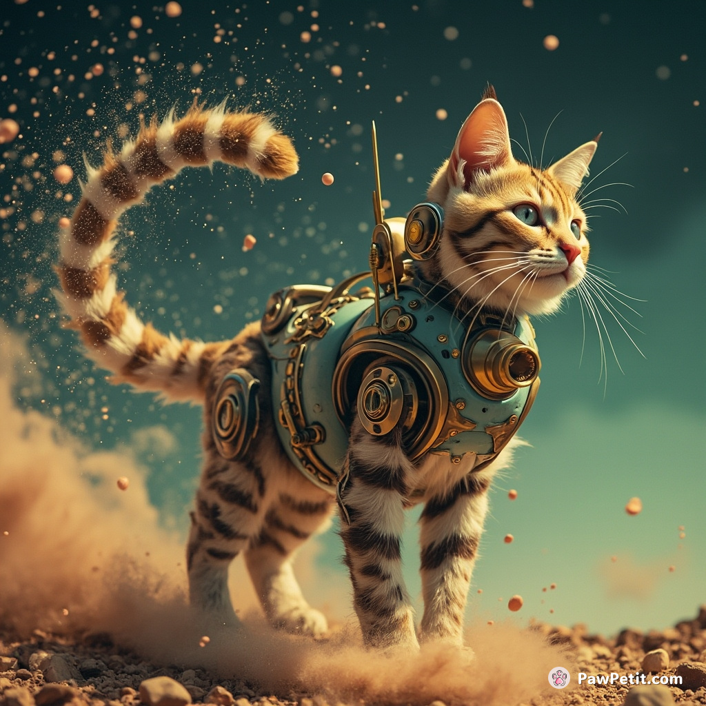 Steampunk robot cat scattering cosmic dust with a brush-like tail.