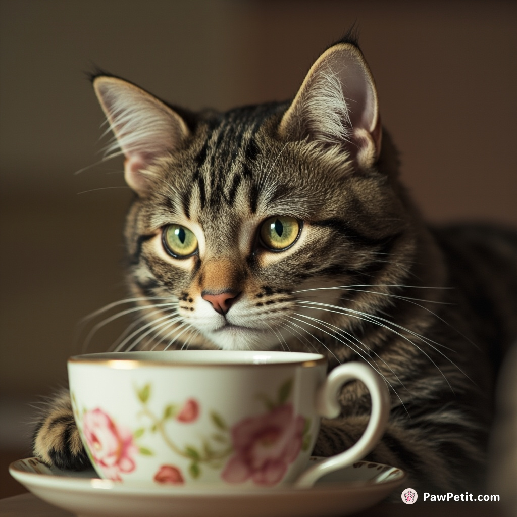 In an odd spectacle, the tabby delicately sipped tea from a dainty floral cup, impeccable "pinky" claw extended.