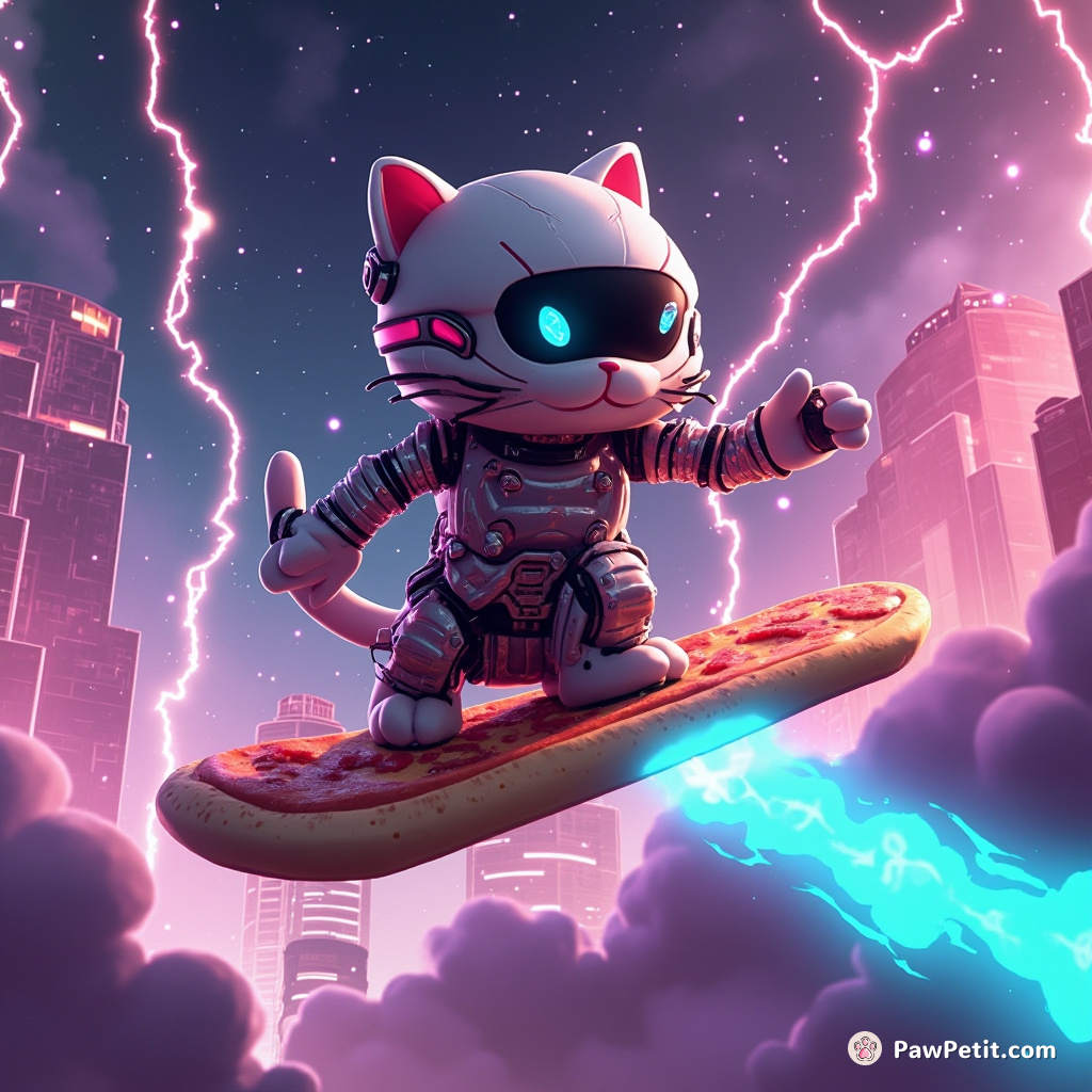 Cybernetic cat surfing on interstellar pizza through a glowing cyberpunk city thunderstorm.
